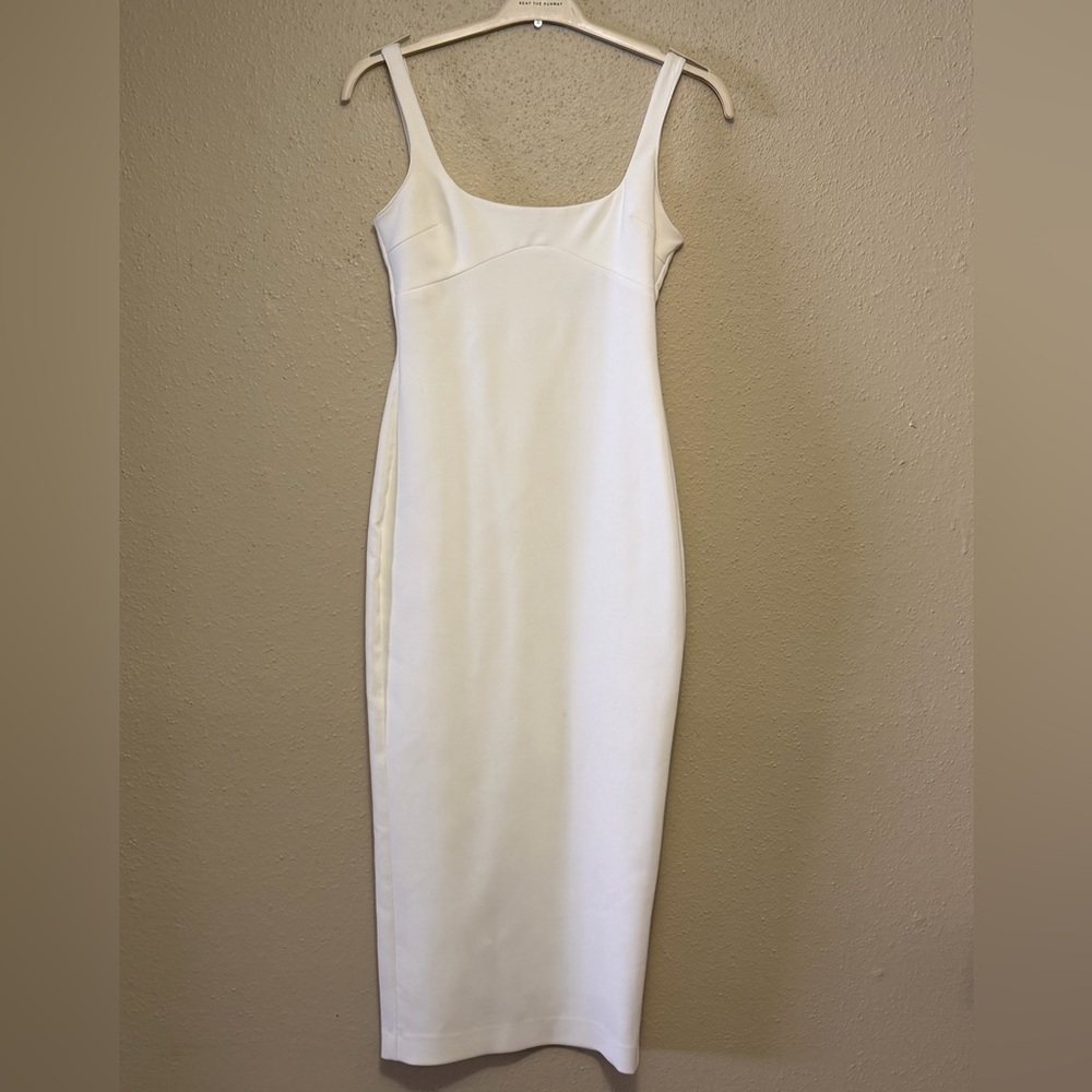 Zara White Midi Dress Scoop Neck Fitted Back Slit Lined Size M (Runs Small)